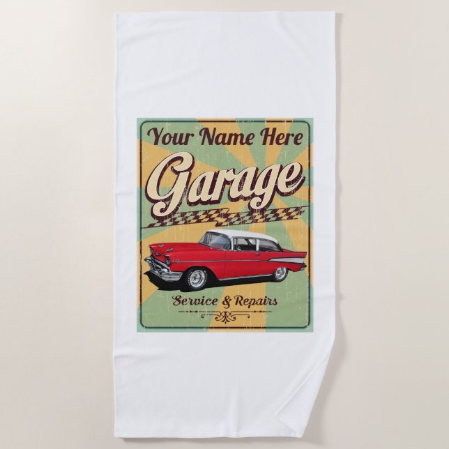 Personalised 57 Chevy Garage Beach Towel (Front)