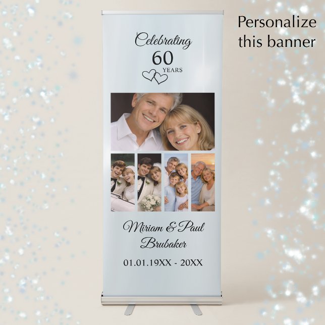 Personalised 5 Photo 60th Anniversary Welcome Retractable Banner (Add your photos and names for an elegant diamond wedding anniversary party banner sign.
)