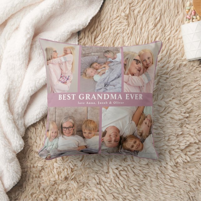Personalised 5 Photo Best Grandma Ever Dusty Rose Cushion (Blanket)