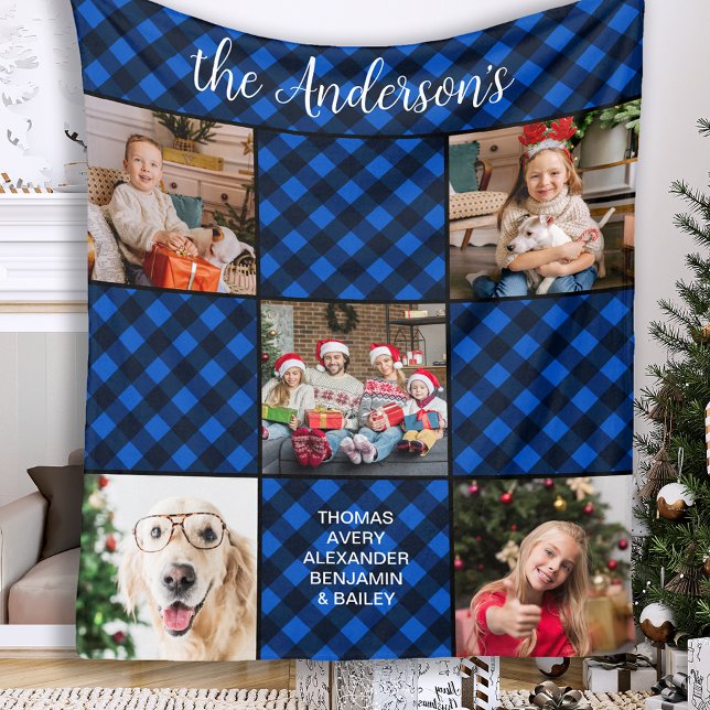 Personalised 5 Photo Collage Blue Buffalo Plaid Fleece Blanket (Creator Uploaded)