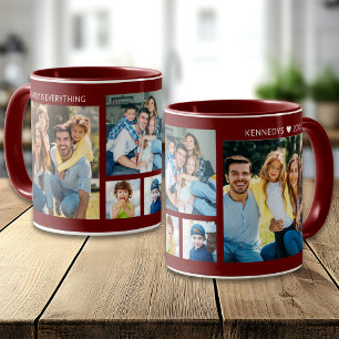 Personalised 5 Photo Collage Family Name Maroon Mug