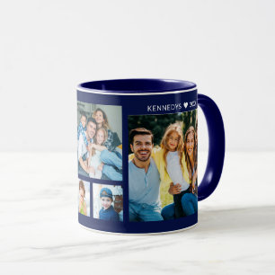 Personalised 5 Photo Collage Family Name Navy Blue Mug