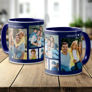 Personalised 5 Photo Collage Family Name Navy Blue Mug