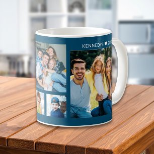 Personalised 5 Photo Collage Family Name Oean Blue Coffee Mug