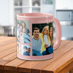 Personalised 5 Photo Collage Family Name Pink Mug