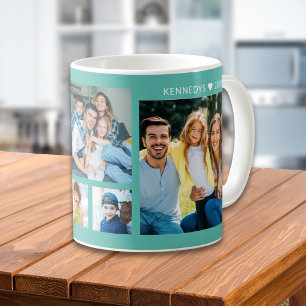Personalised 5 Photo Collage Family Name Teal Coffee Mug