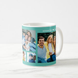 Personalised 5 Photo Collage Family Name Teal Coffee Mug