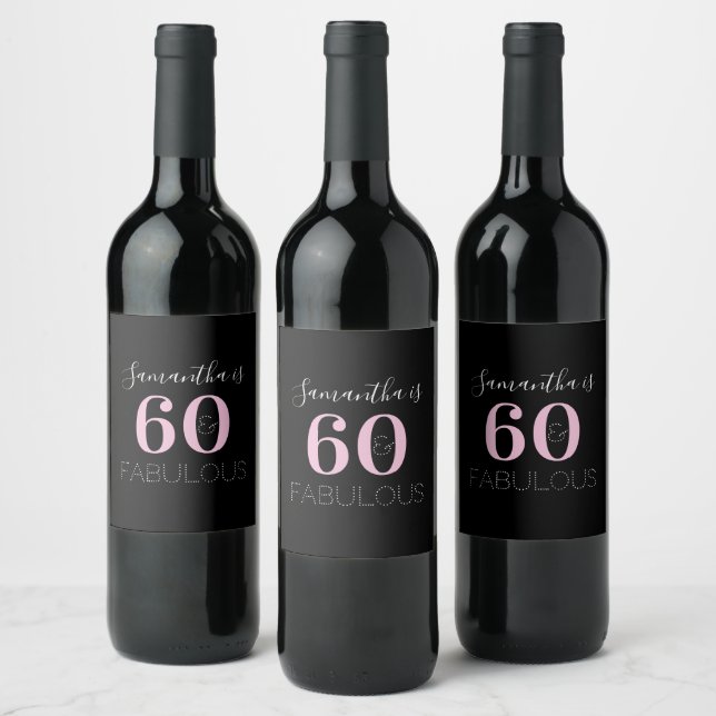 Personalised 60 and fabulous Black Pink Birthday Wine Label (Bottles)