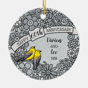 Personalised 60th Anniversary Diamond Floral Birds Ceramic Tree Decoration
