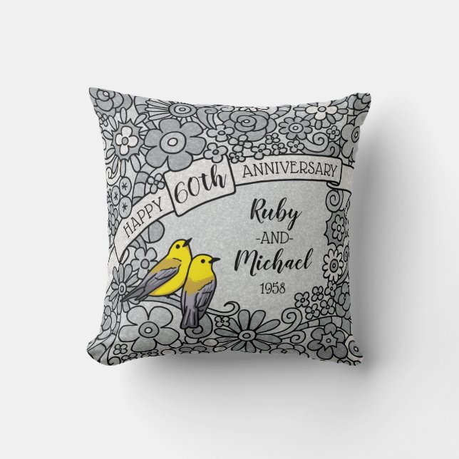 Personalised 60th Anniversary DIamond Floral Birds Cushion (Front)