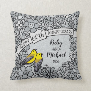 Personalised 60th Anniversary DIamond Floral Birds Cushion