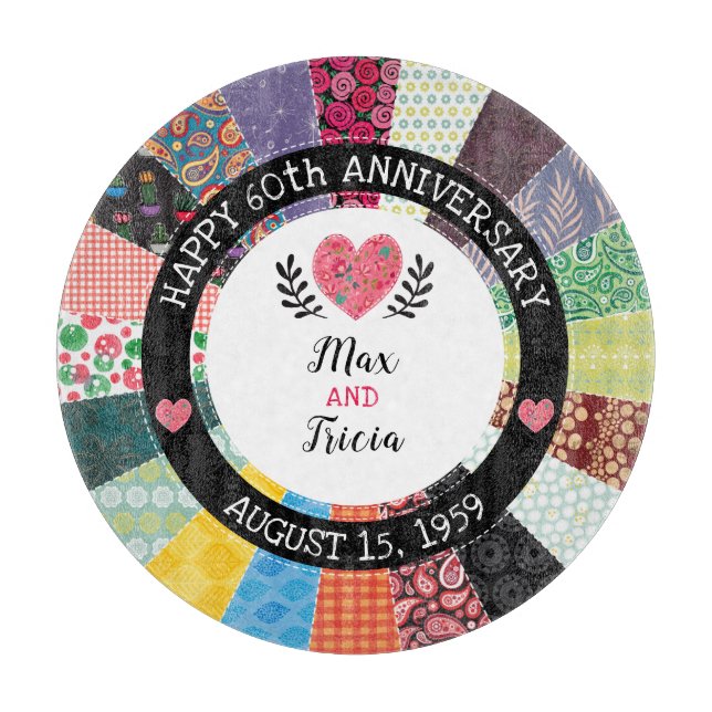 Personalised 60th Anniversary, Patchwork Quilt Cutting Board (Front)