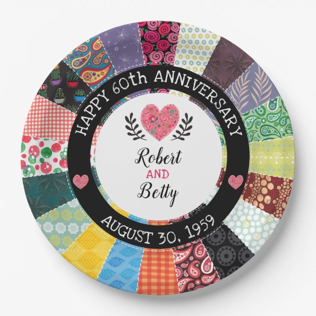 Personalised 60th Anniversary, Patchwork Quilt Paper Plate (Front)