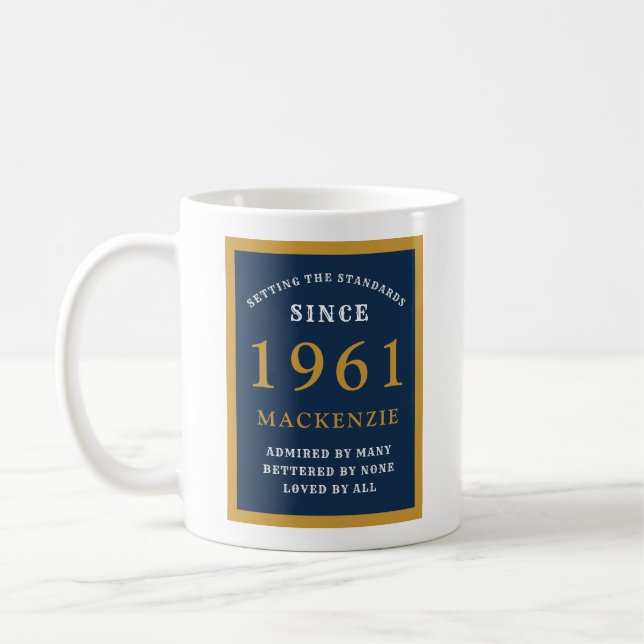Personalised 60th Birthday 1961 Elegant Blue Gold Coffee Mug (Left)