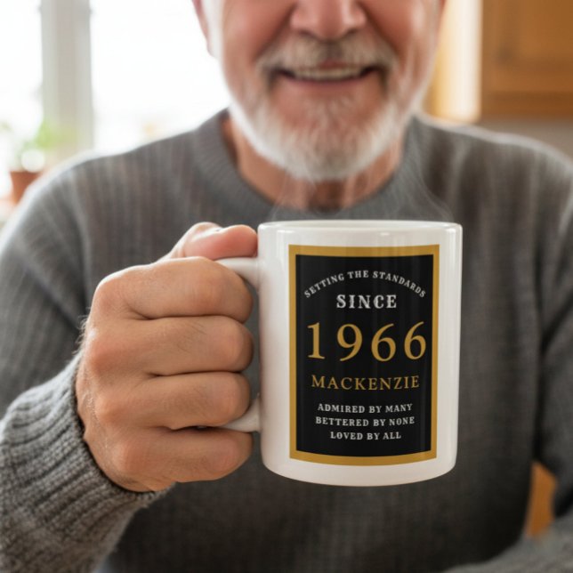 Personalised 60th Birthday 1966 Elegant Black Gold Coffee Mug (1966 coffee mug held by a man)