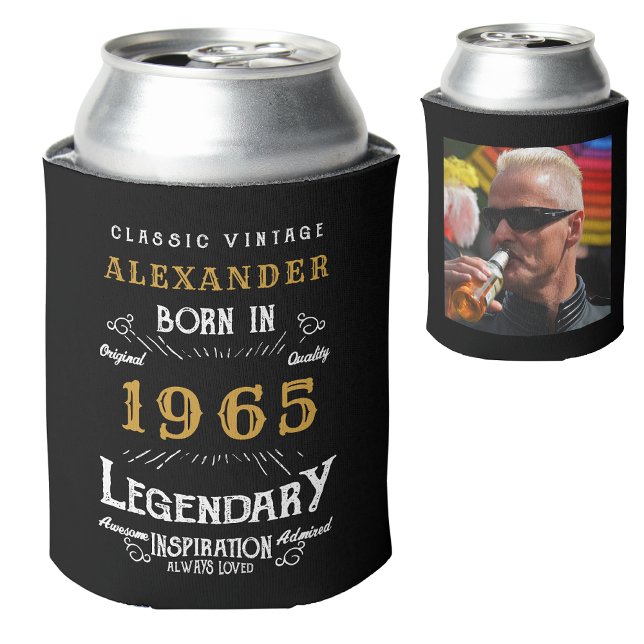 Personalised 60th Birthday Add Name Year Photo Can Cooler (Personalized 60th birthday can cooler with custom name, year and photo template.)
