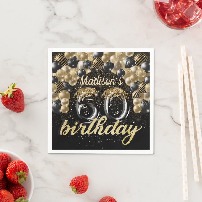 Personalised 60th Birthday Black Gold Balloon Napkin (Insitu)
