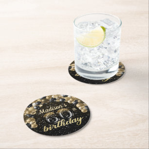 Personalised 60th Birthday Black Gold Round Paper Coaster