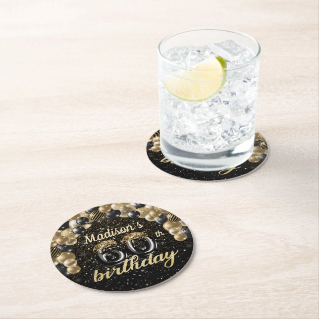 Personalised 60th Birthday Black Gold Round Paper Coaster (Insitu)
