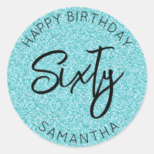 Personalised 60th Birthday Blue Glitter Sixty Classic Round Sticker