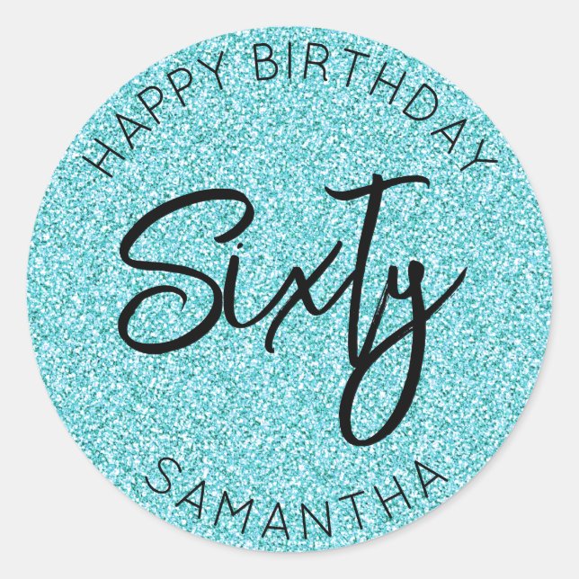 Personalised 60th Birthday Blue Glitter Sixty Classic Round Sticker (Front)