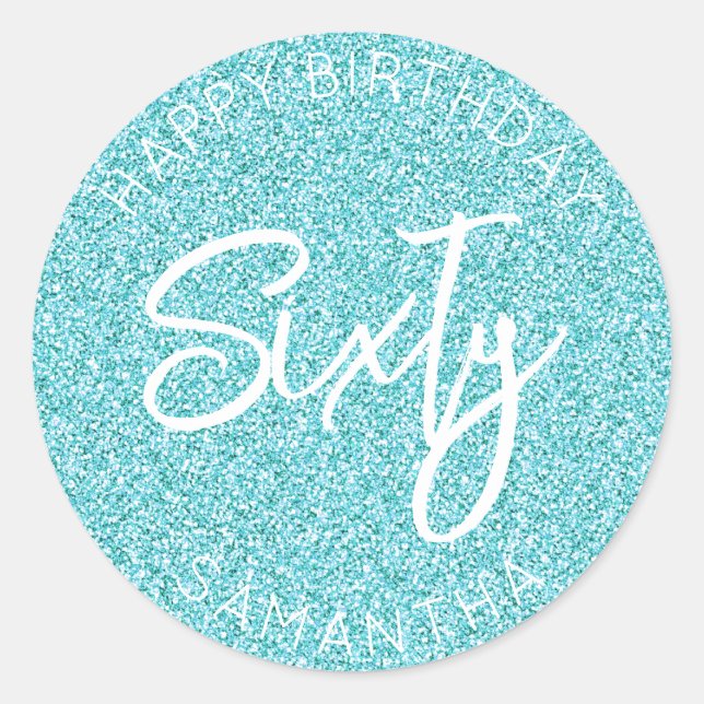Personalised 60th Birthday Blue Glitter Sixty Classic Round Sticker (Front)