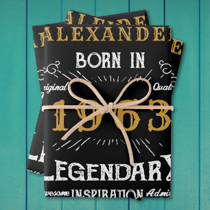 Personalised 60th Birthday Born 1963 Vintage Black Wrapping Paper Sheet