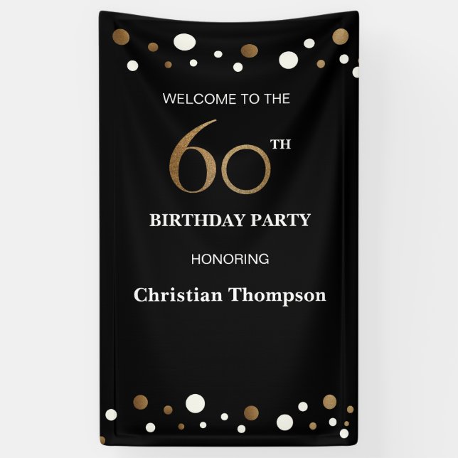 Personalised 60th Birthday Gold and black dots Banner (Vertical)