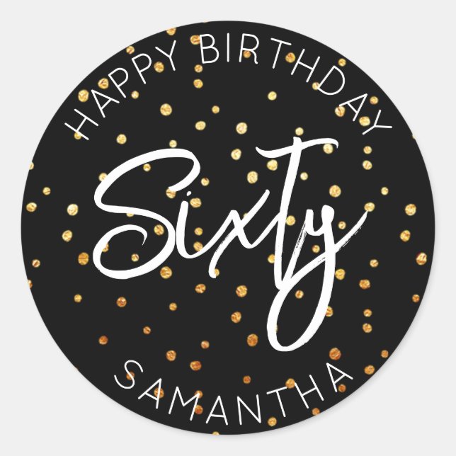 Personalised 60th Birthday Gold Glitter Dots Sixty Classic Round Sticker (Front)