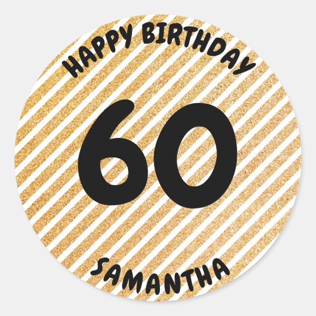 Personalised 60th Birthday Gold Glitter Retro Classic Round Sticker (Front)