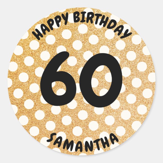 Personalised 60th Birthday Gold Glitter Retro Classic Round Sticker (Front)