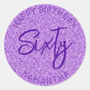 Personalised 60th Birthday Purple Glitter Sixty Classic Round Sticker