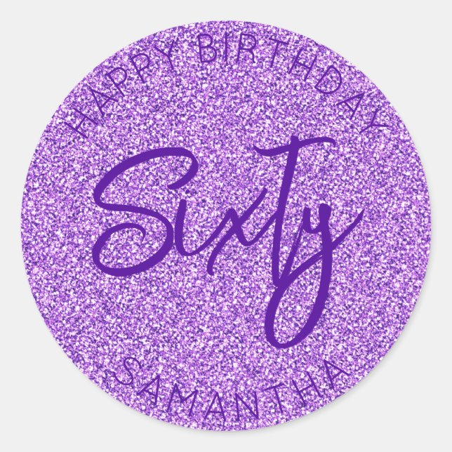 Personalised 60th Birthday Purple Glitter Sixty Classic Round Sticker (Front)