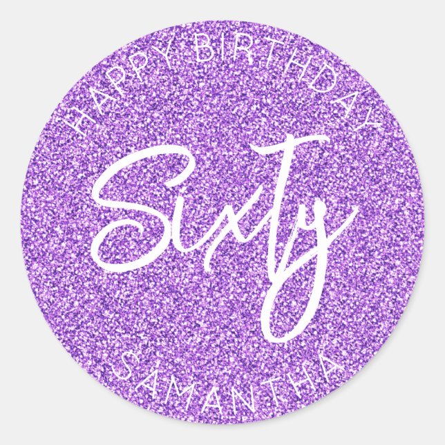 Personalised 60th Birthday Purple Glitter Sixty Classic Round Sticker (Front)
