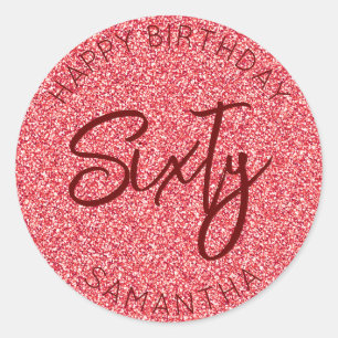 Personalised 60th Birthday Red Glitter Sixty Classic Round Sticker