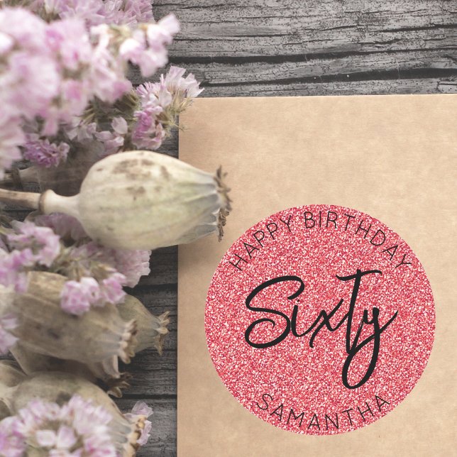 Personalised 60th Birthday Red Glitter Sixty Classic Round Sticker (red glitter sixty sticker for sixtieth birthday party)