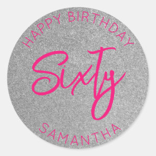 Personalised 60th Birthday Silver Glitter Sixty Classic Round Sticker