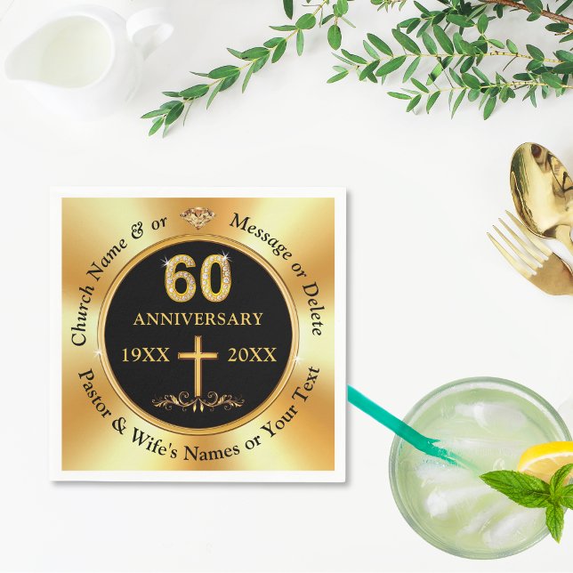 Personalised, 60th Church Anniversary, or Wedding, Napkin (60th church anniversary, black and gold napkins. Church 60th anniversary napkins or Christian 60th.)