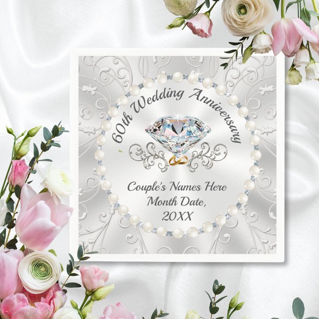 Personalised, 60th Wedding Anniversary Napkins (60th wedding anniversary napkins. Diamond Anniversary Napkins. Personalized 60th anniversary napkins)
