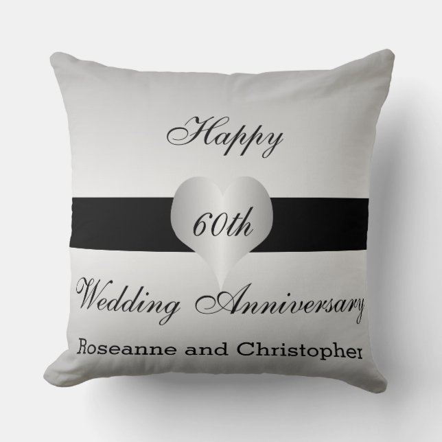 Personalised 60th Wedding Anniversary Silver Heart Cushion (Front)