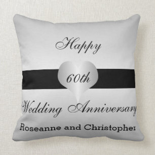 Personalised 60th Wedding Anniversary Silver Heart Cushion