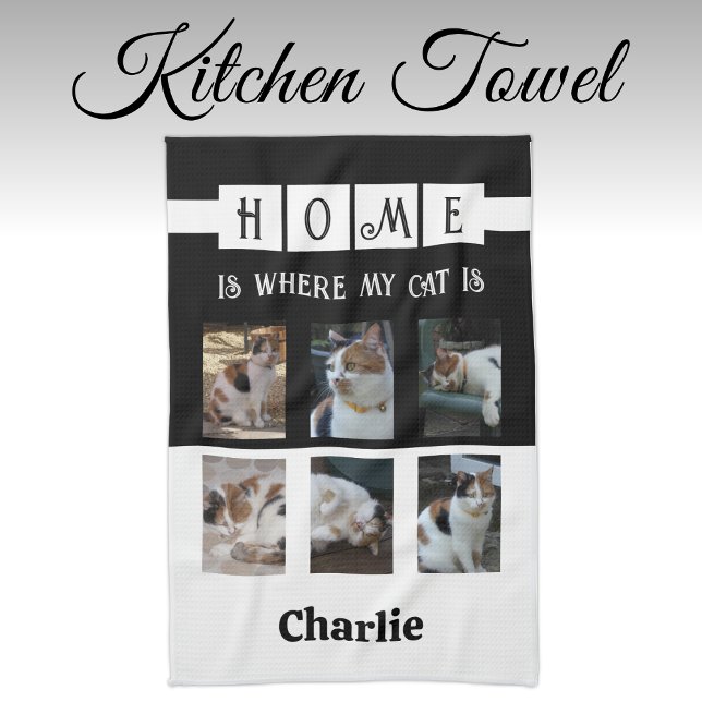 Personalised 6 photo collage animal lover black tea towel (Creator Uploaded)