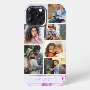 Personalised 6 Photo Collage Purple Pink Marble iPhone 13 Pro Max Case