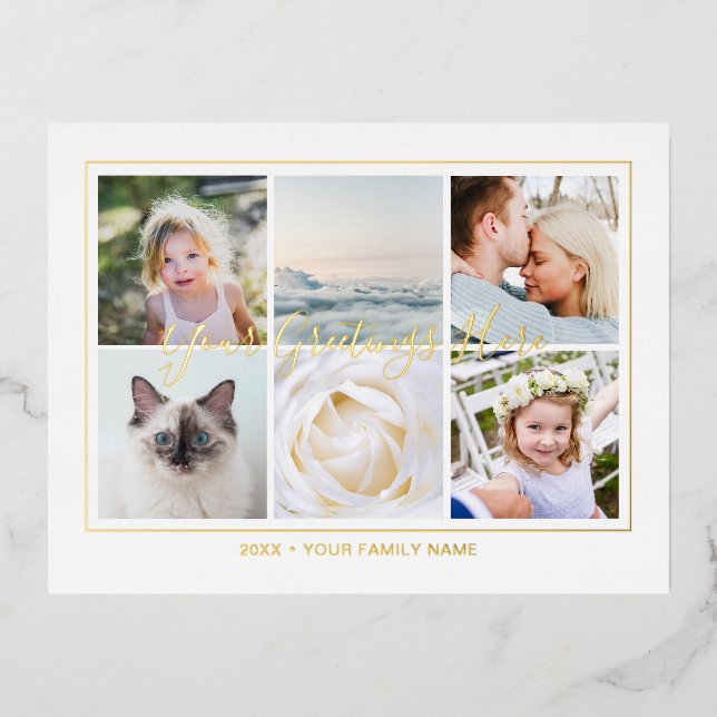 Personalised 6 photos Collage Calligraphy Foil Holiday Postcard (Front)