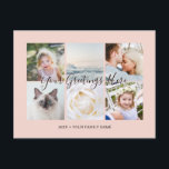 Personalised 6 photos Universal Greetings Postcard<br><div class="desc">Personalised 6 family photos golden hour blush pink cute chic feminine Universal Greetings Postcards featuring a stylish photo collage with 6 customised images,  your greetings message in elegant handwritten script font,  your name,  date,  year,  message on the back in a modern and simple sans serif font.</div>