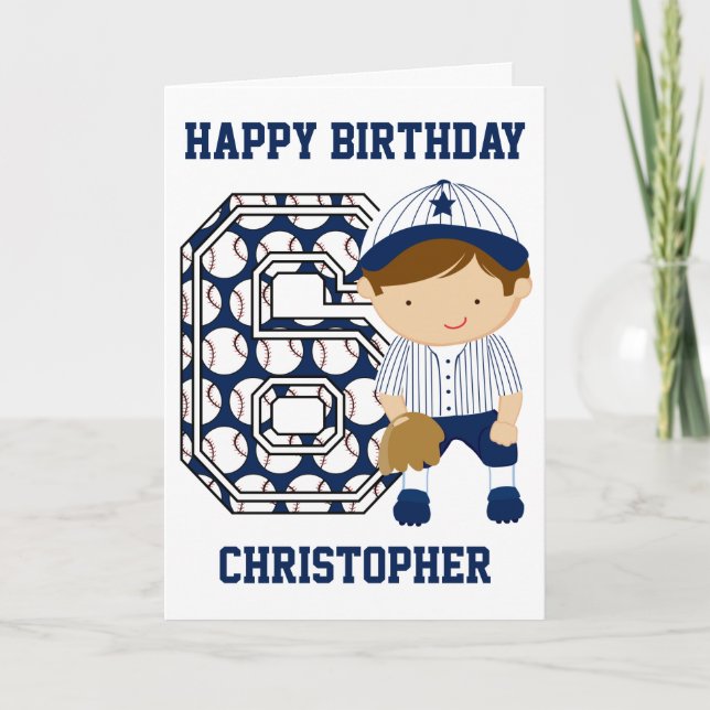 Personalised 6th Birthday Baseball Catcher BW Card (Front)