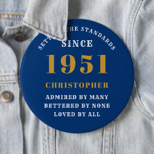 Personalised 70th Birthday 1951 Elegant Blue Gold 6 Cm Round Badge