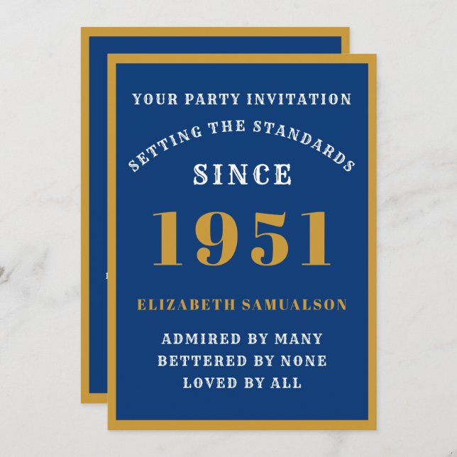 Personalised 70th Birthday 1951 Elegant Blue Gold Invitation (Front/Back)