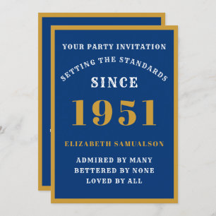 Personalised 70th Birthday 1951 Elegant Blue Gold Invitation
