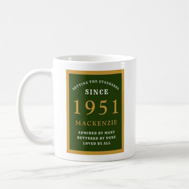 Personalised 70th Birthday 1951 Elegant Green Gold Coffee Mug (Left)